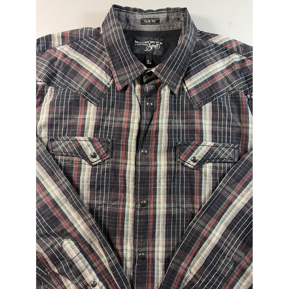 Moonshine Spirit Western Shirt Mens Large Black Red‎ Plaid Slim Fit Pearl Snap L